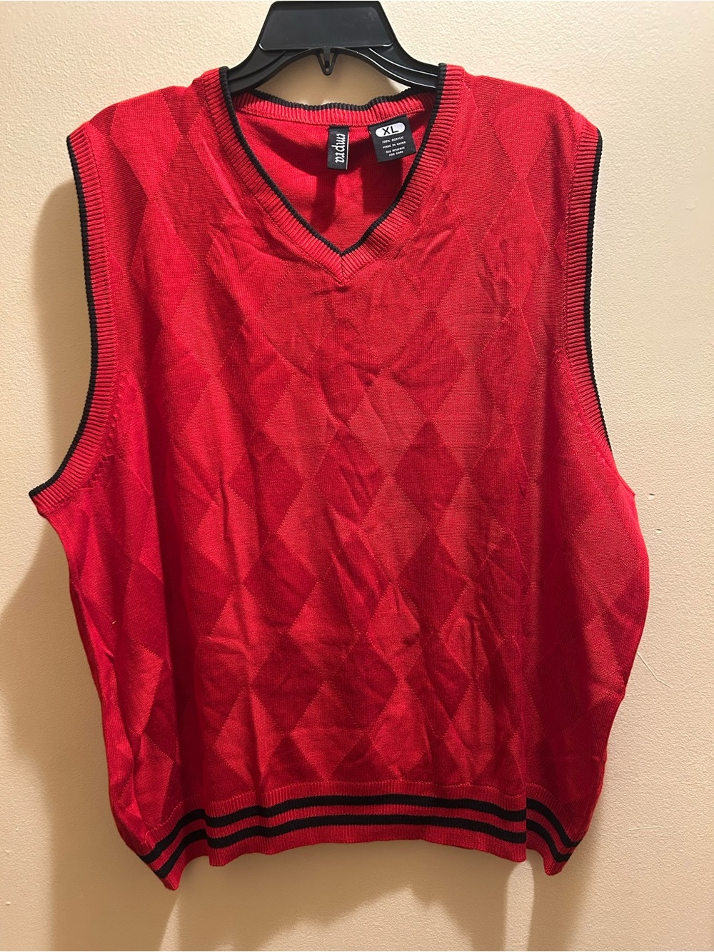 Red Argyle V-Neck Sweater Vest with Black Trim